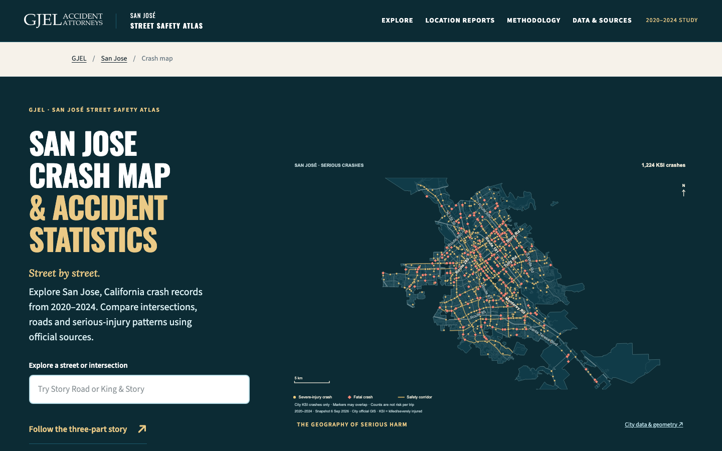 The GJEL San Jose Crash Map opening screen with a citywide serious-crash visualization